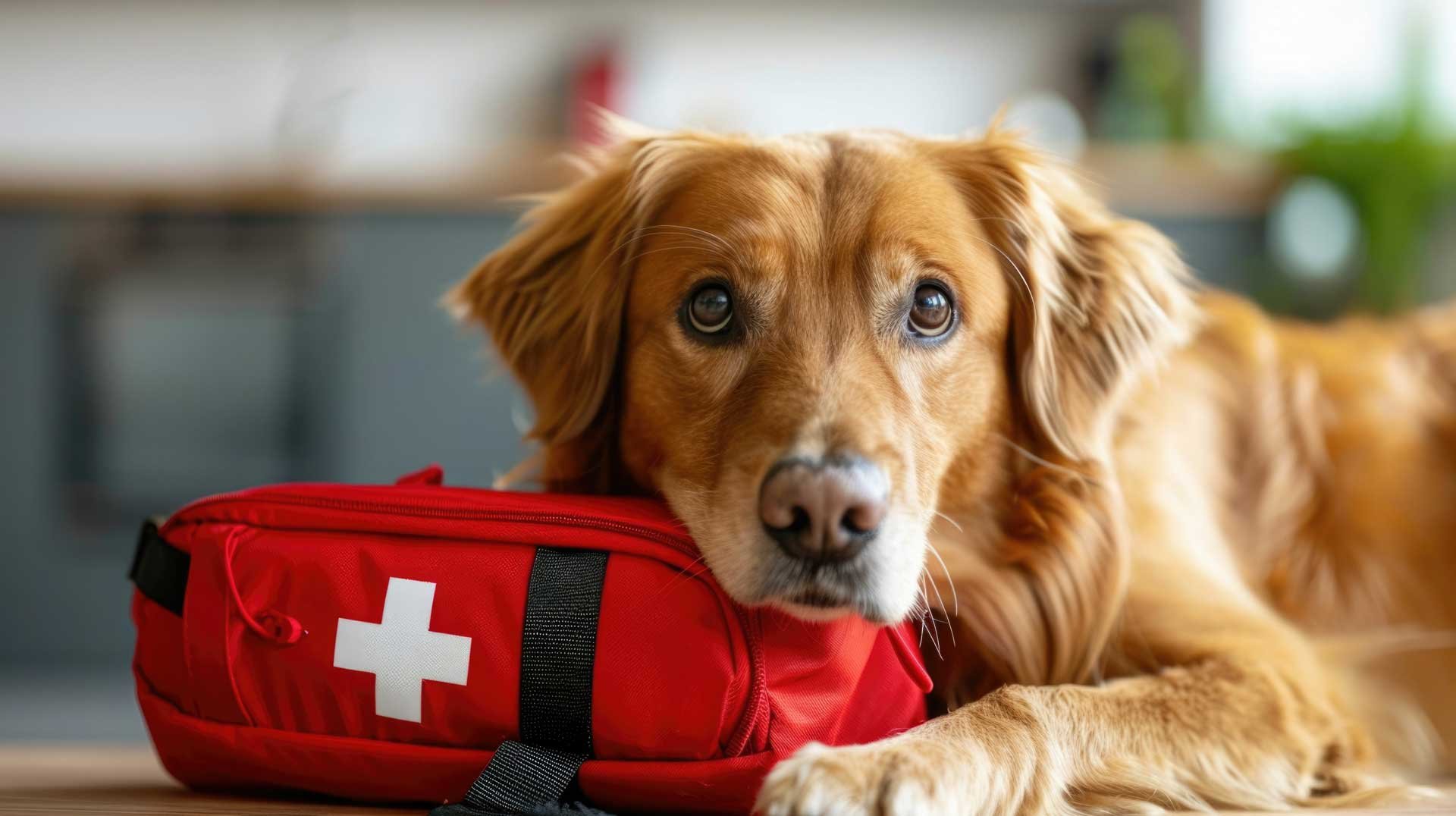Golden-Retriever-with-First-Aid-Emergency-Pet-Care-Kit